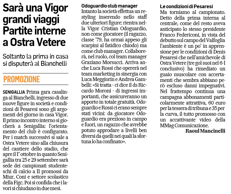 FC Vigor, articolo R. Mancinelli su gare casalinghe, Odoguardio e Rossi e Pesaresi